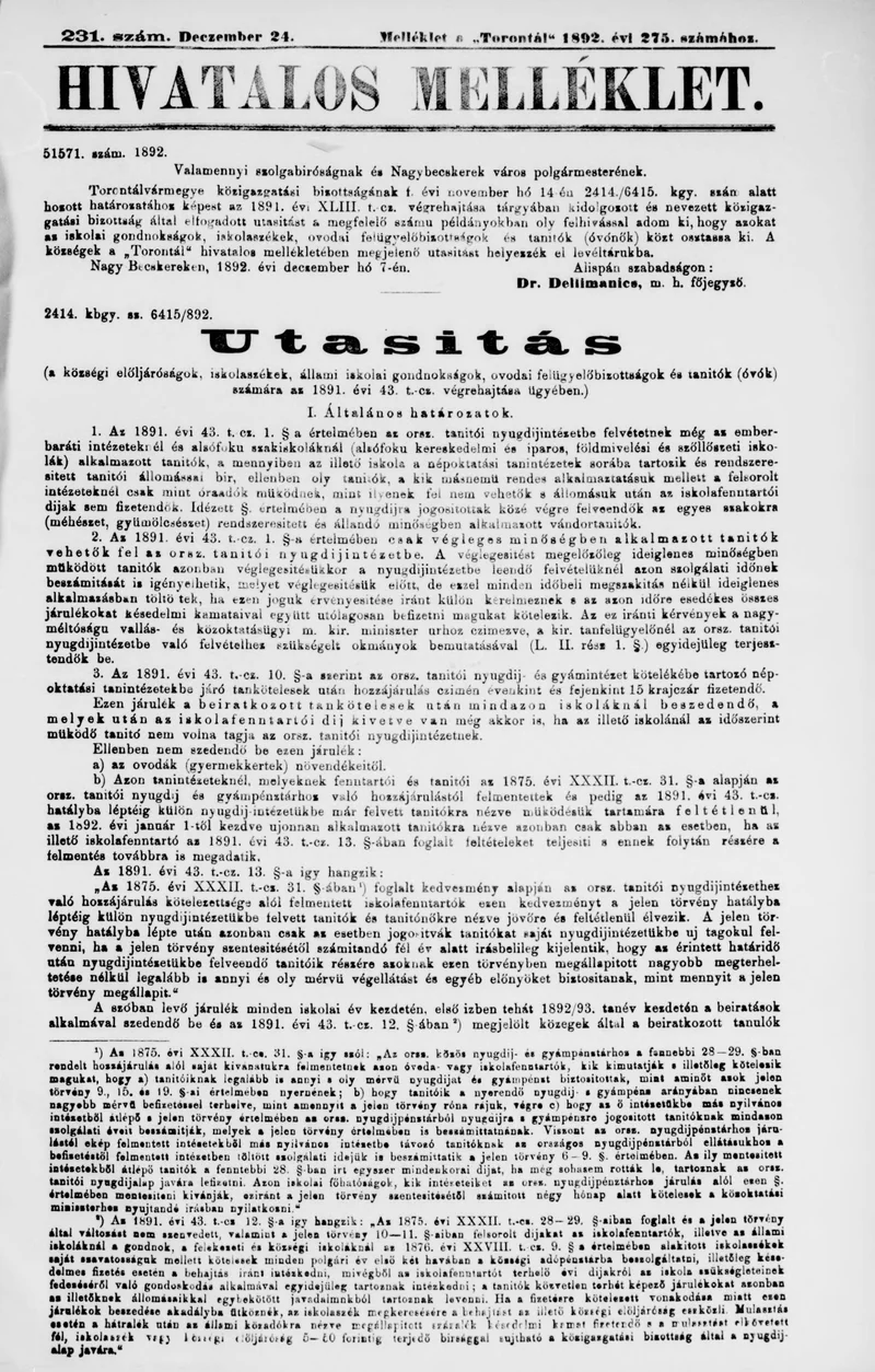 A Totontál  hivatalos melléklete, 5. évf. 1892. december 24. 231. sz.