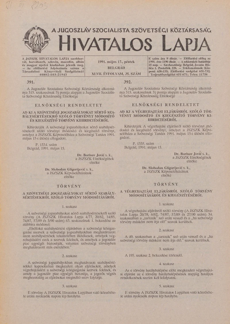 A Jugoszláv Szocialista Szövetségi Köztársaság Hivatalos Lapja, 47. évf. 1991. május 17. 35. sz. 589–596. oldal
