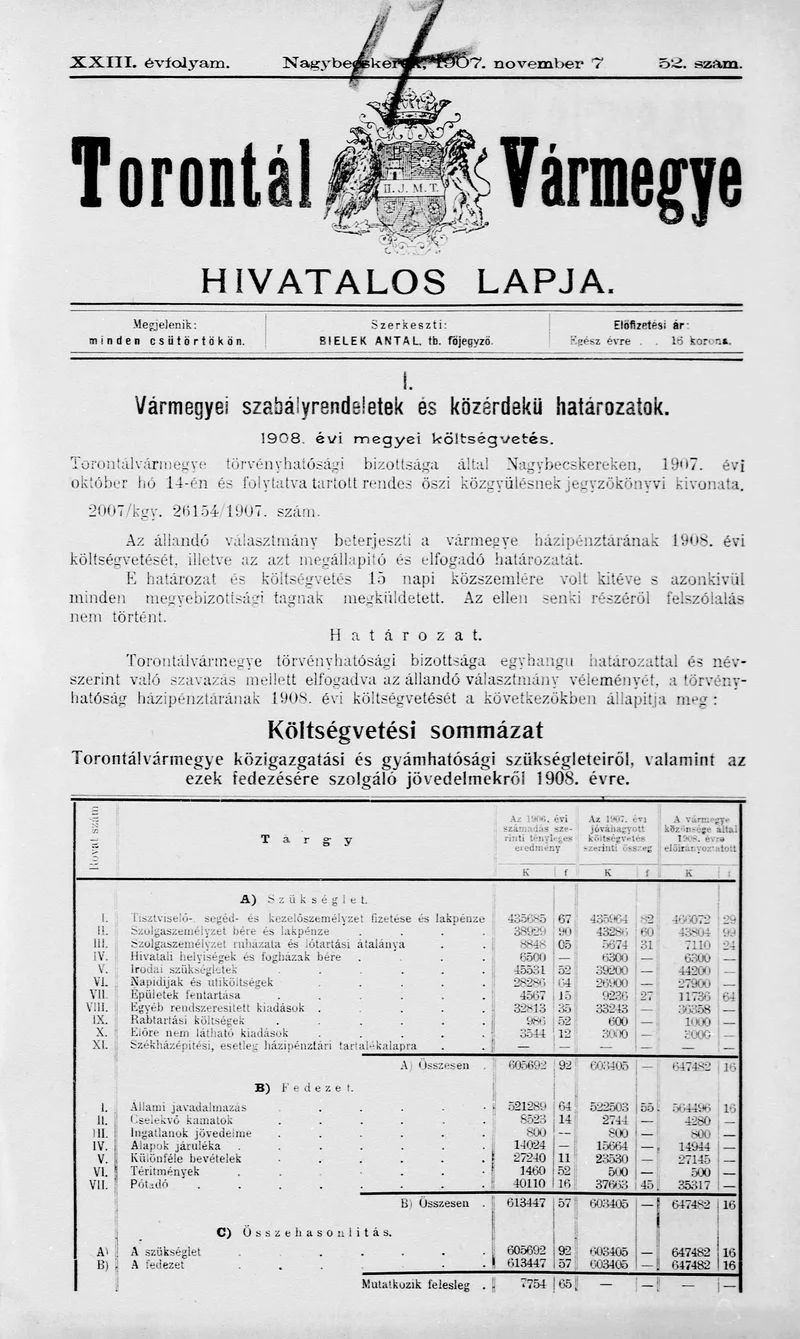 Torontál Vármegye Hivatalos Lapja, 23. évf. 1907. november 7. 52. sz.