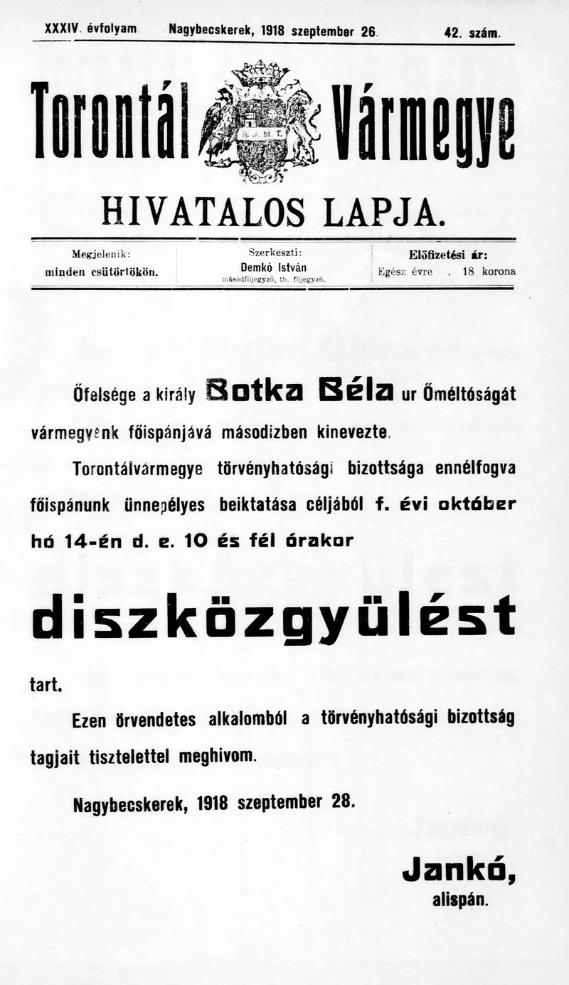 Torontál Vármegye Hivatalos Lapja, 34. évf. 1918. szeptember 26. 42. sz.