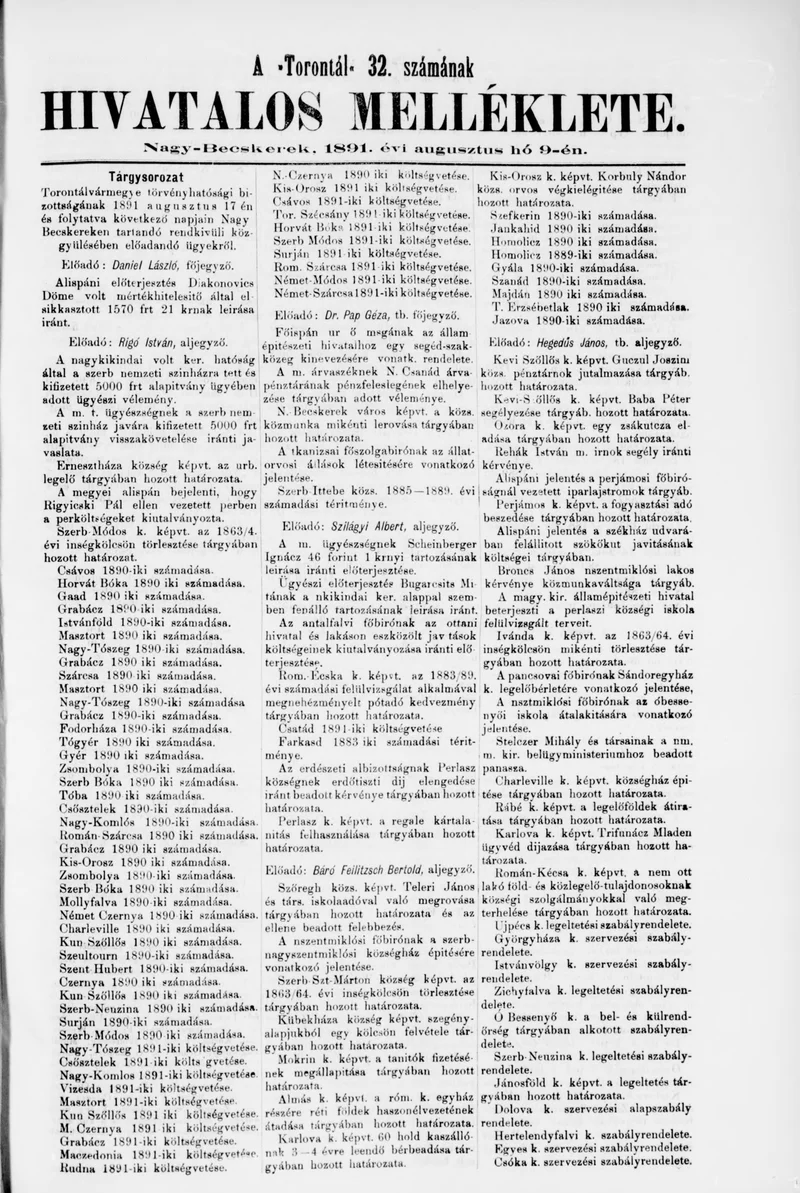 A Totontál  hivatalos melléklete, 4. évf. 1891. augusztus 9. 32. sz.