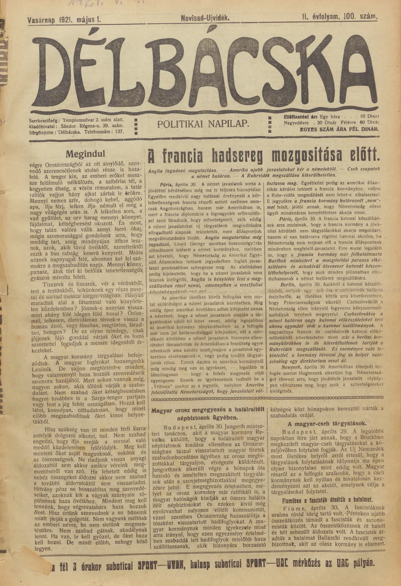 Délbácska, 2. évf. 1921. május 1. 100. sz.