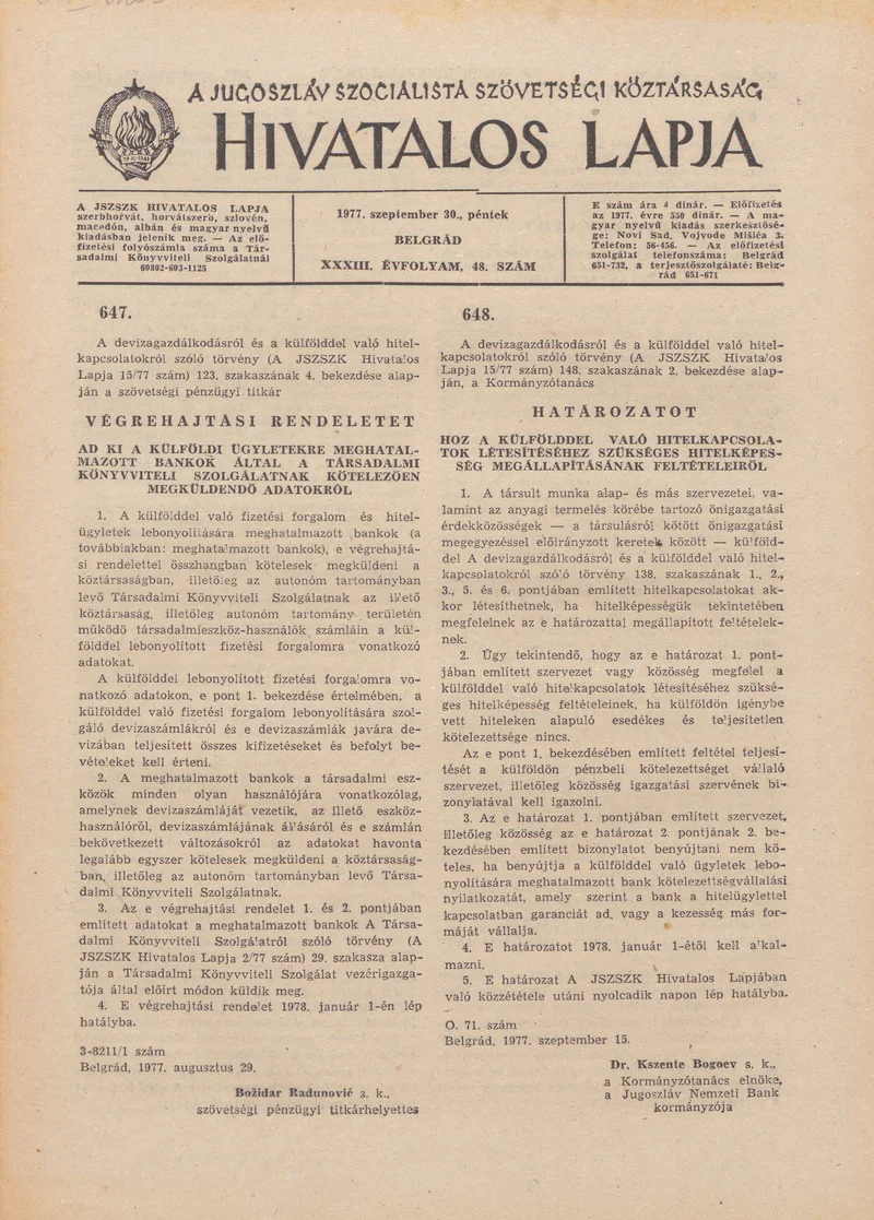 A Jugoszláv Szocialista Szövetségi Köztársaság Hivatalos Lapja, 33. évf. 1977. szeptember 30. 48. sz. 1805–1820. oldal