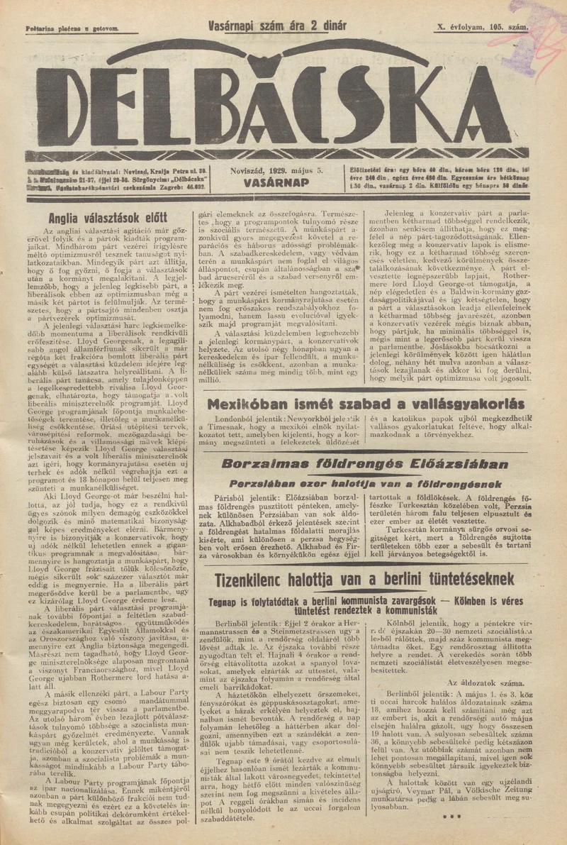 Délbácska, 10. évf. 1929. május 5. 105. sz.