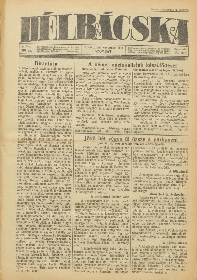 Délbácska, 4. évf. 1923. november 17. 264. sz.