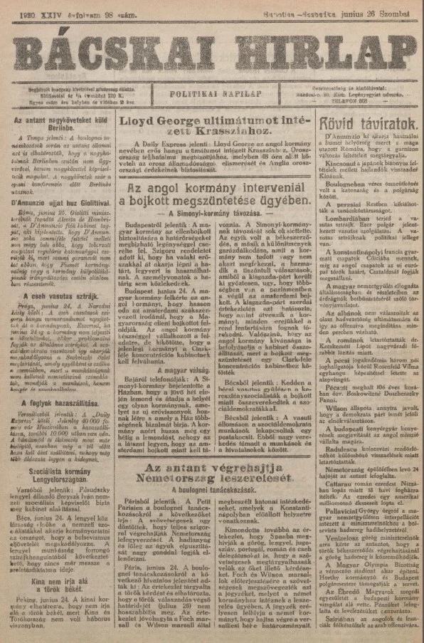 Bácskai Hirlap, 24. évf. 1920. június 26. 98. sz.
