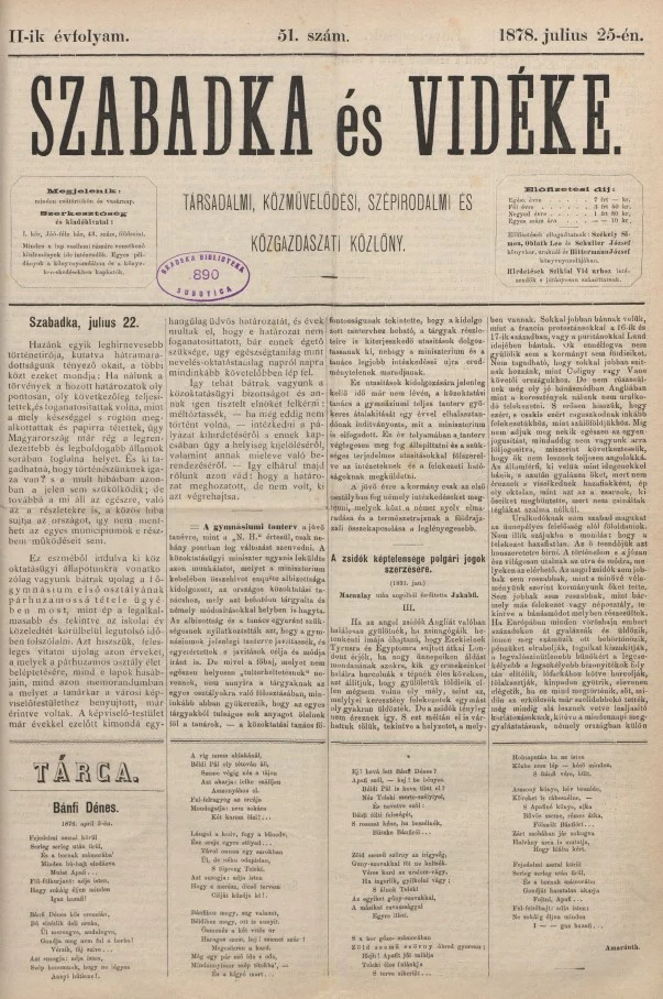 Szabadka és vidéke, 2. évf. 1878. július 25. 51. sz.