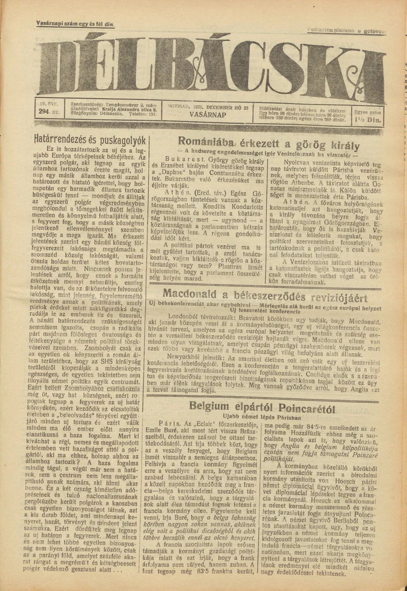 Délbácska, 4. évf. 1923. december 23. 294. sz.