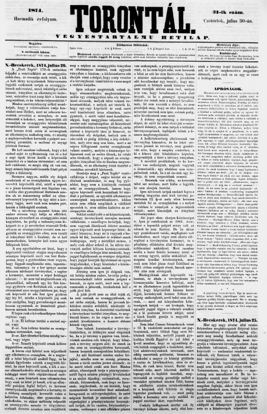 Torontál, 3. évf. 1874. július 30. 31. sz.