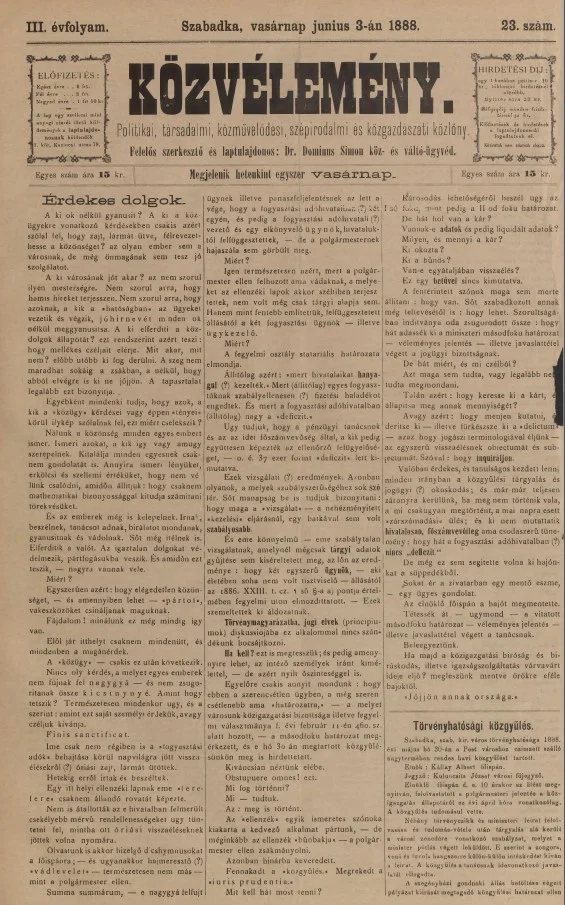 Közvélemény, 3. évf. 1888. június 3. 23. sz.