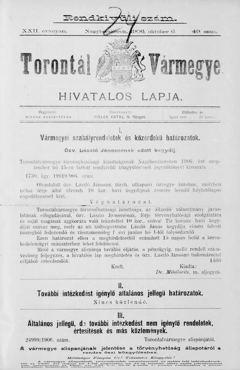 Torontál Vármegye Hivatalos Lapja, 22. évf. 1906. október 6. 49. sz.