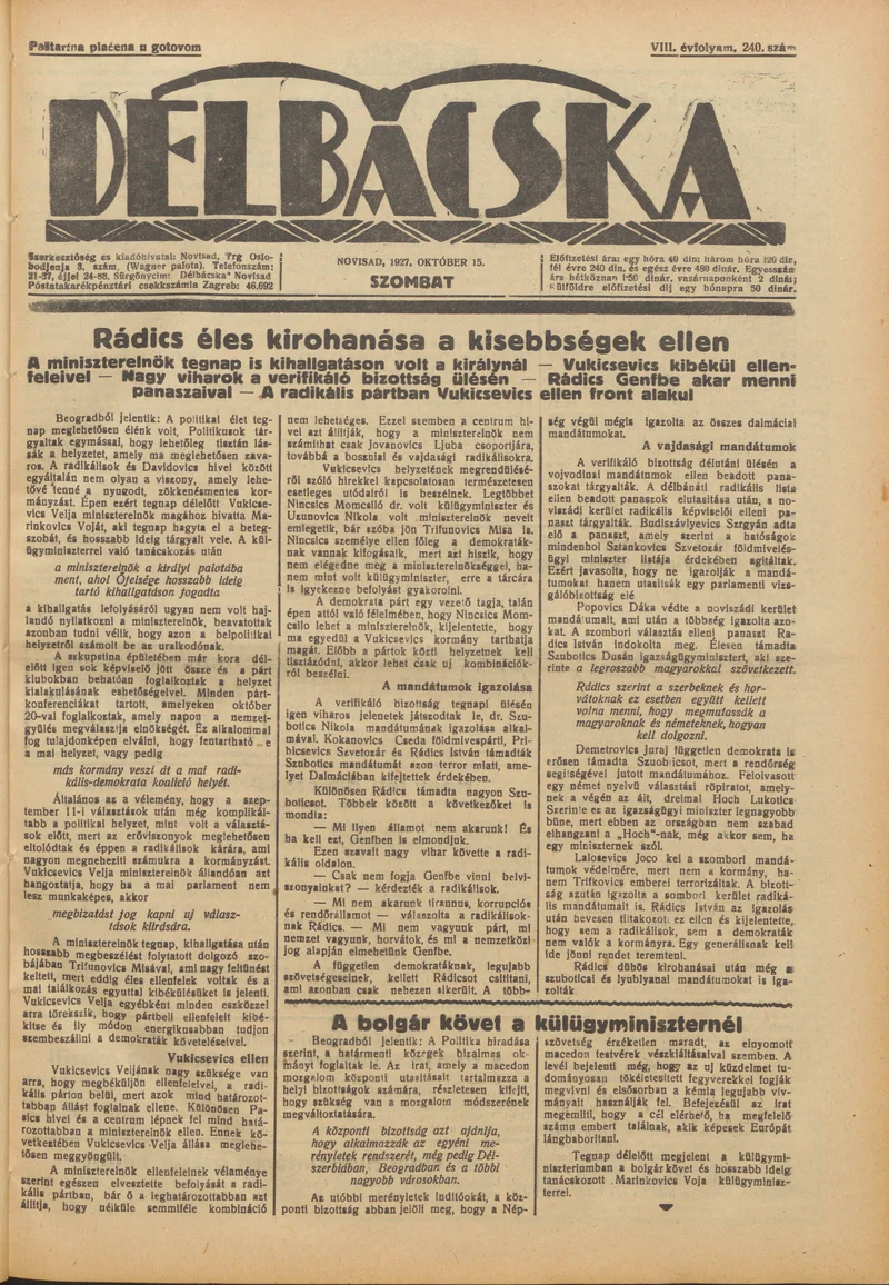 Délbácska, 8. évf. 1927. október 15. 240. sz.