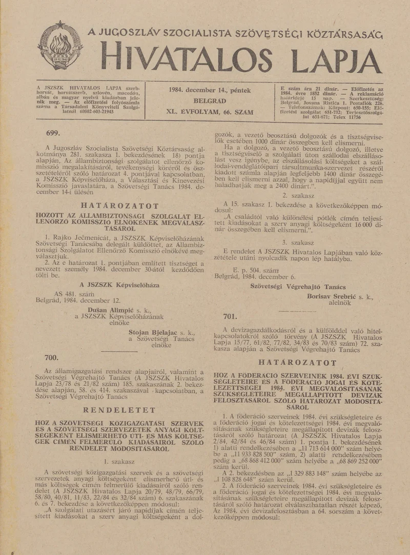 A Jugoszláv Szocialista Szövetségi Köztársaság Hivatalos Lapja, 40. évf. 1984. december 14. 66. sz. 1433–1452. oldal