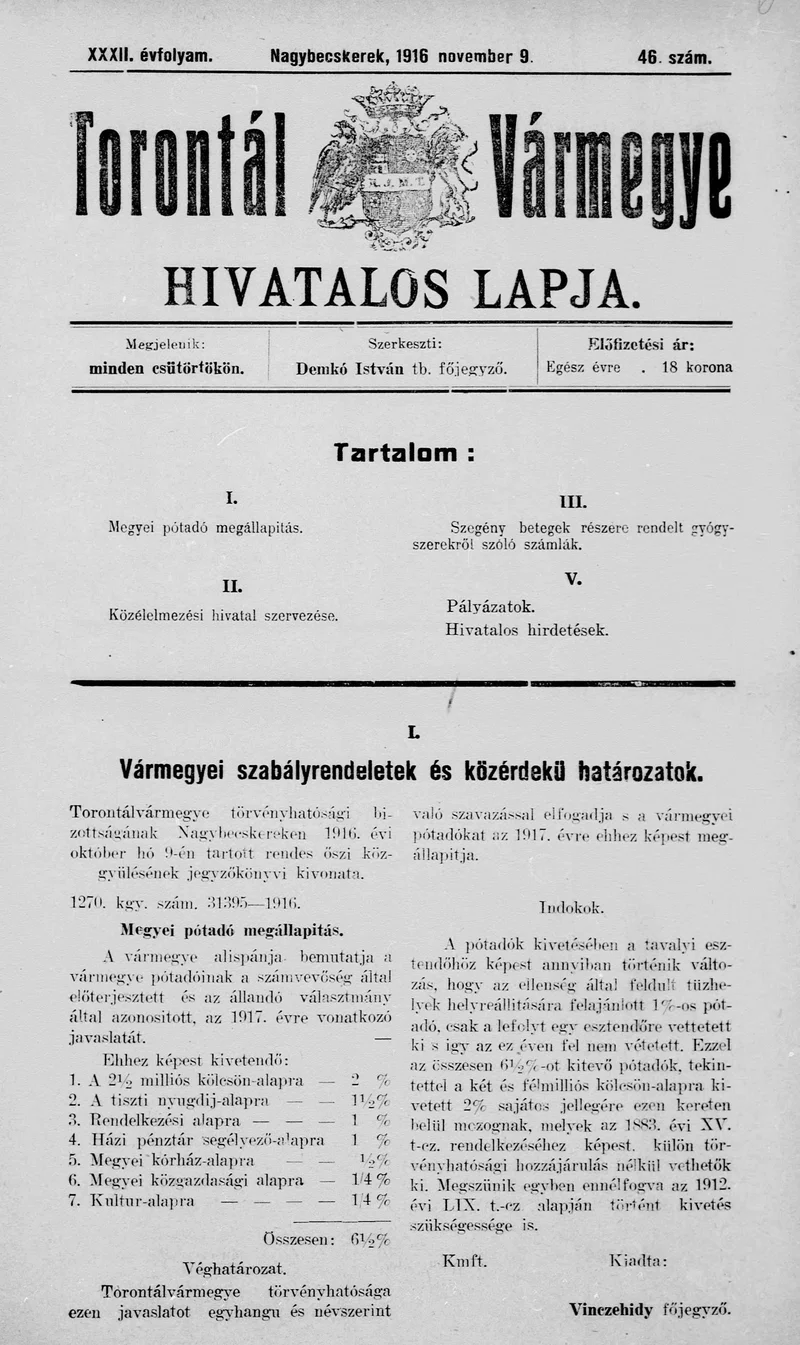 Torontál Vármegye Hivatalos Lapja, 32. évf. 1916. november 9. 46. sz.