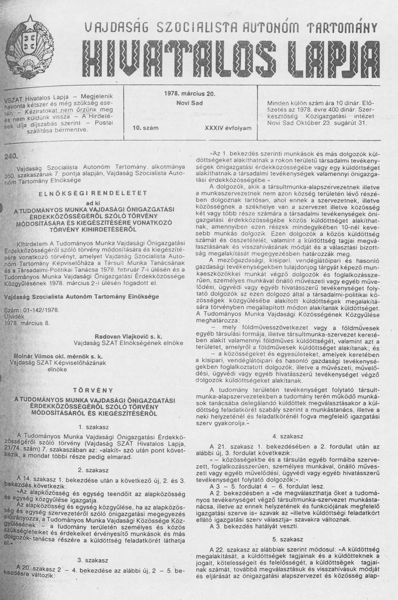 Vajdaság Szocialista Autonóm Tartomány Hivatalos Lapja, 34. évf. 1978. március 20. 10. sz. 349–380. oldal