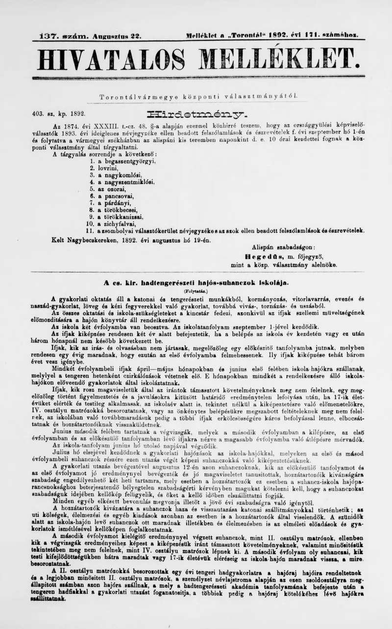 A Totontál  hivatalos melléklete, 5. évf. 1892. augusztus 22. 137. sz.