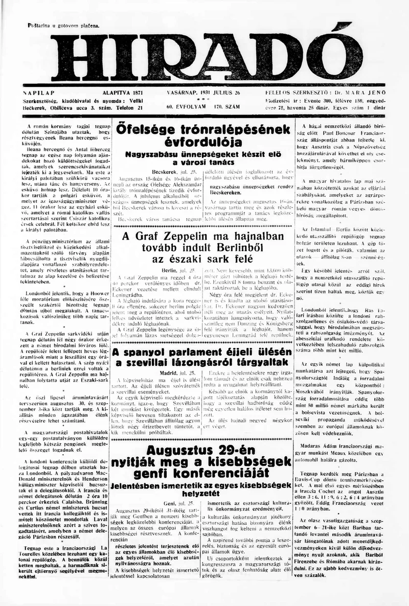 Híradó, 60. évf. 1931. július 26. 170. sz.