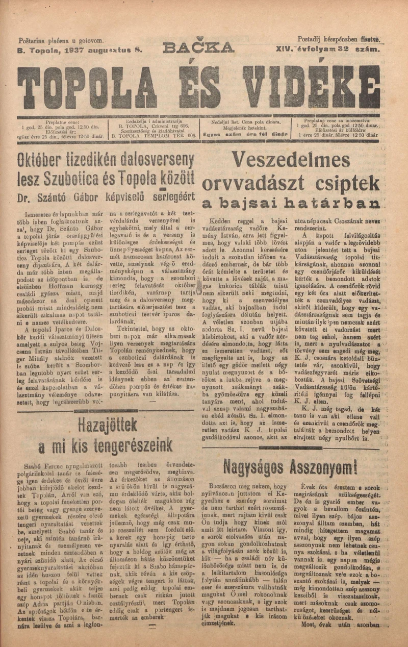 Bačka Topola és Vidéke, 14. évf. 1937. augusztus 8. 32. sz.
