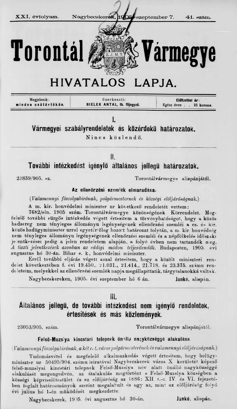 Torontál Vármegye Hivatalos Lapja, 21. évf. 1905. szeptember 7. 41. sz.