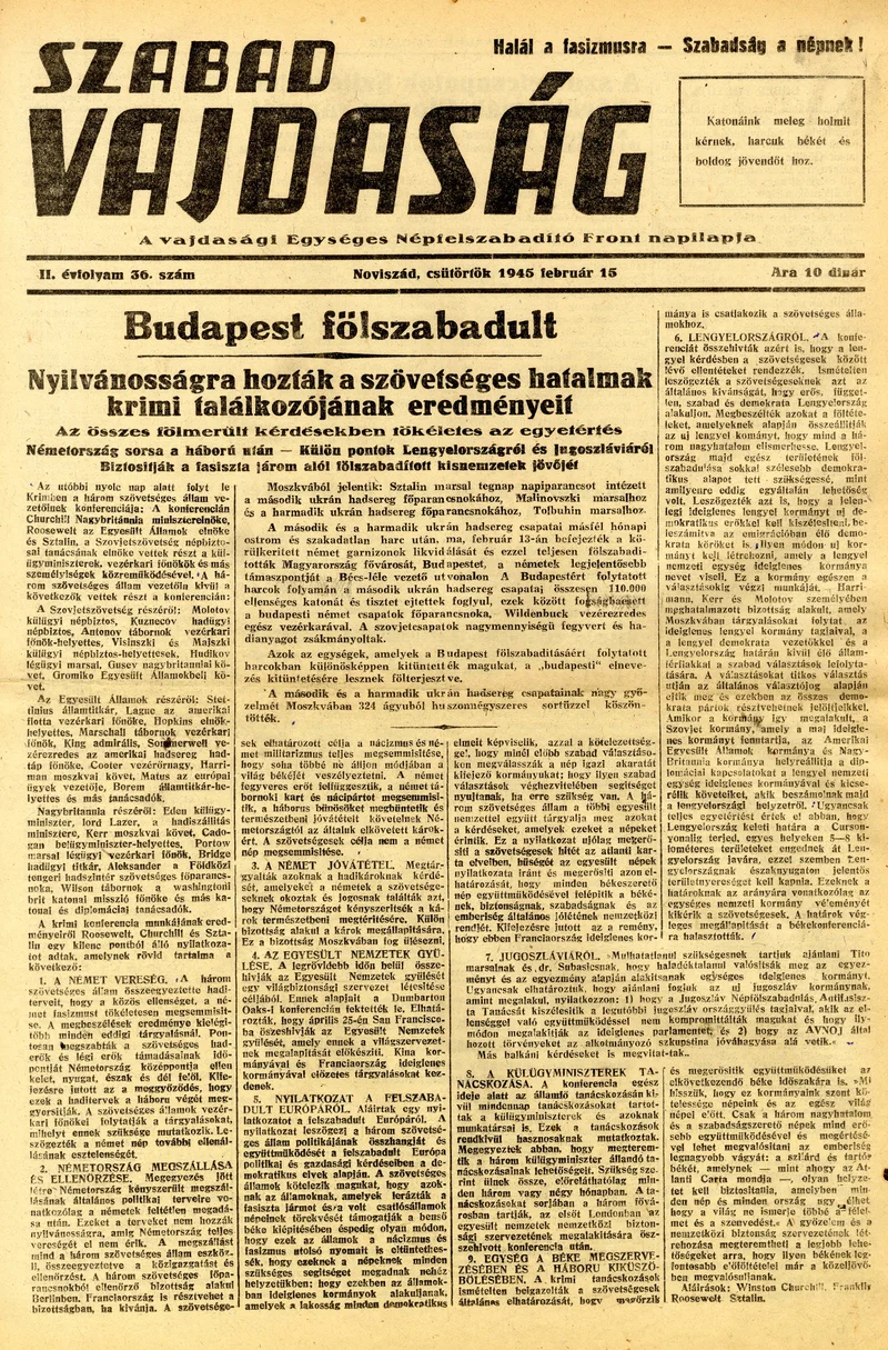 Szabad Vajdaság, 2. évf. 1945. február 15. 36. sz.