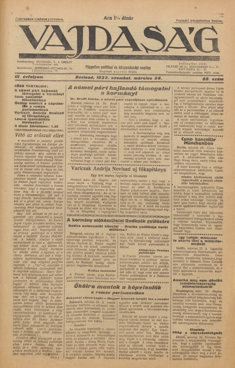 Vajdaság, 3. évf. 1923. március 24. 69. sz.