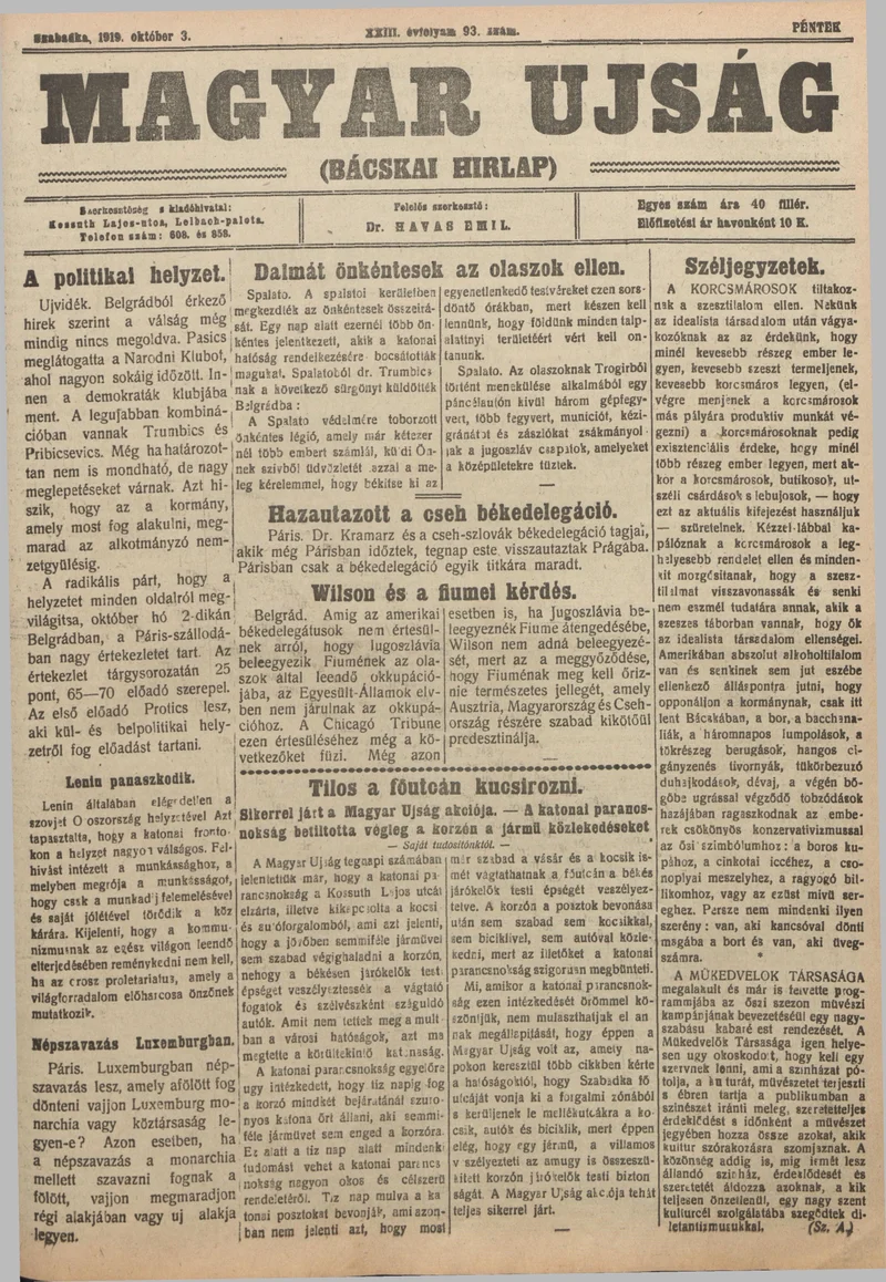 Bácskai Hirlap, 23. évf. 1919. október 3. 93. sz.