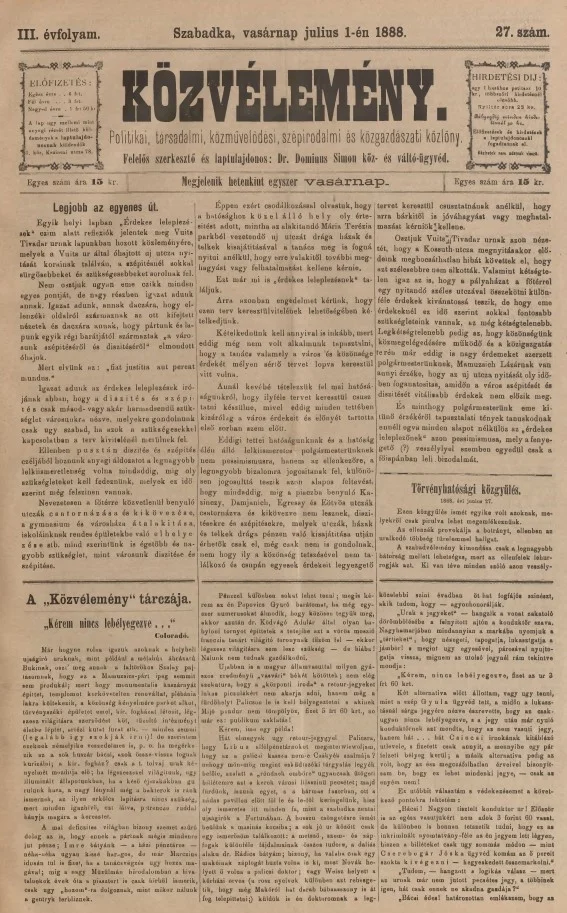 Közvélemény, 3. évf. 1888. július 1. 27. sz.