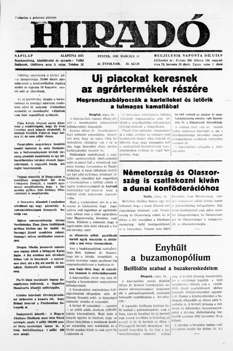 Híradó, 61. évf. 1932. március 11. 58. sz.