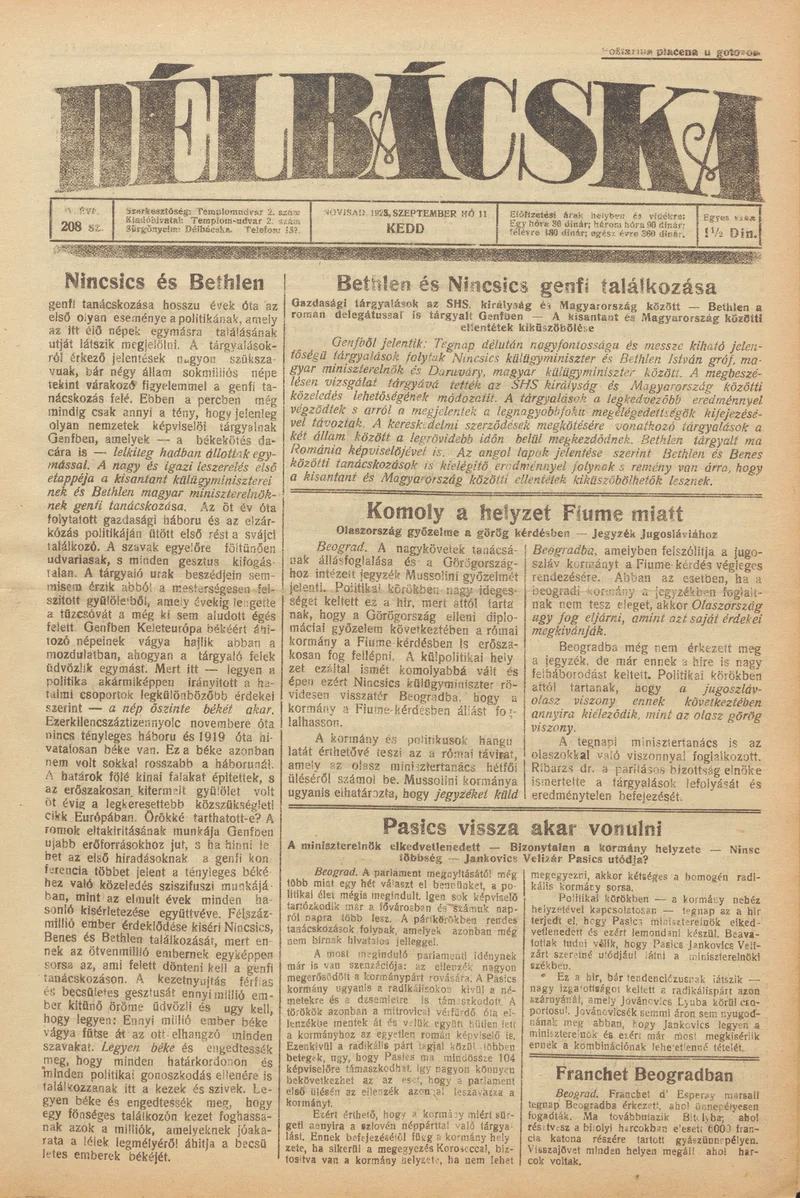 Délbácska, 4. évf. 1923. szeptember 11. 208. sz.