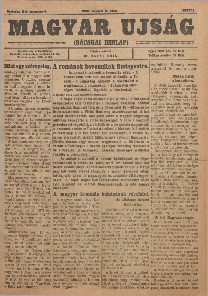 Bácskai Hirlap, 23. évf. 1919. augusztus 6. 45. sz.