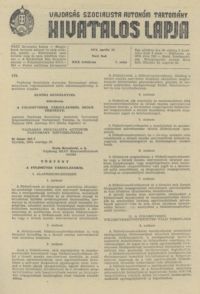Vajdaság Szocialista Autonóm Tartomány Hivatalos Lapja, 30. évf. 1974. április 17. 7. sz. 221–252. oldal