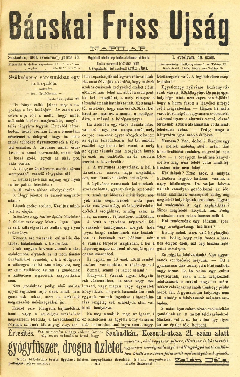 Bácskai Friss Ujság, 1. évf. 1901. július 28. 48. sz.
