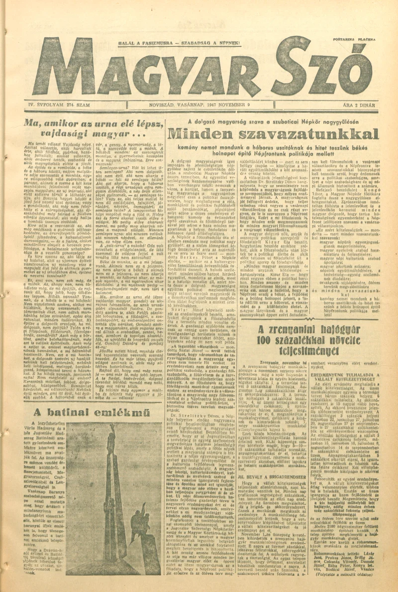 Magyar Szó, 4. évf. 1947. november 9. 274. sz. 1–8. oldal