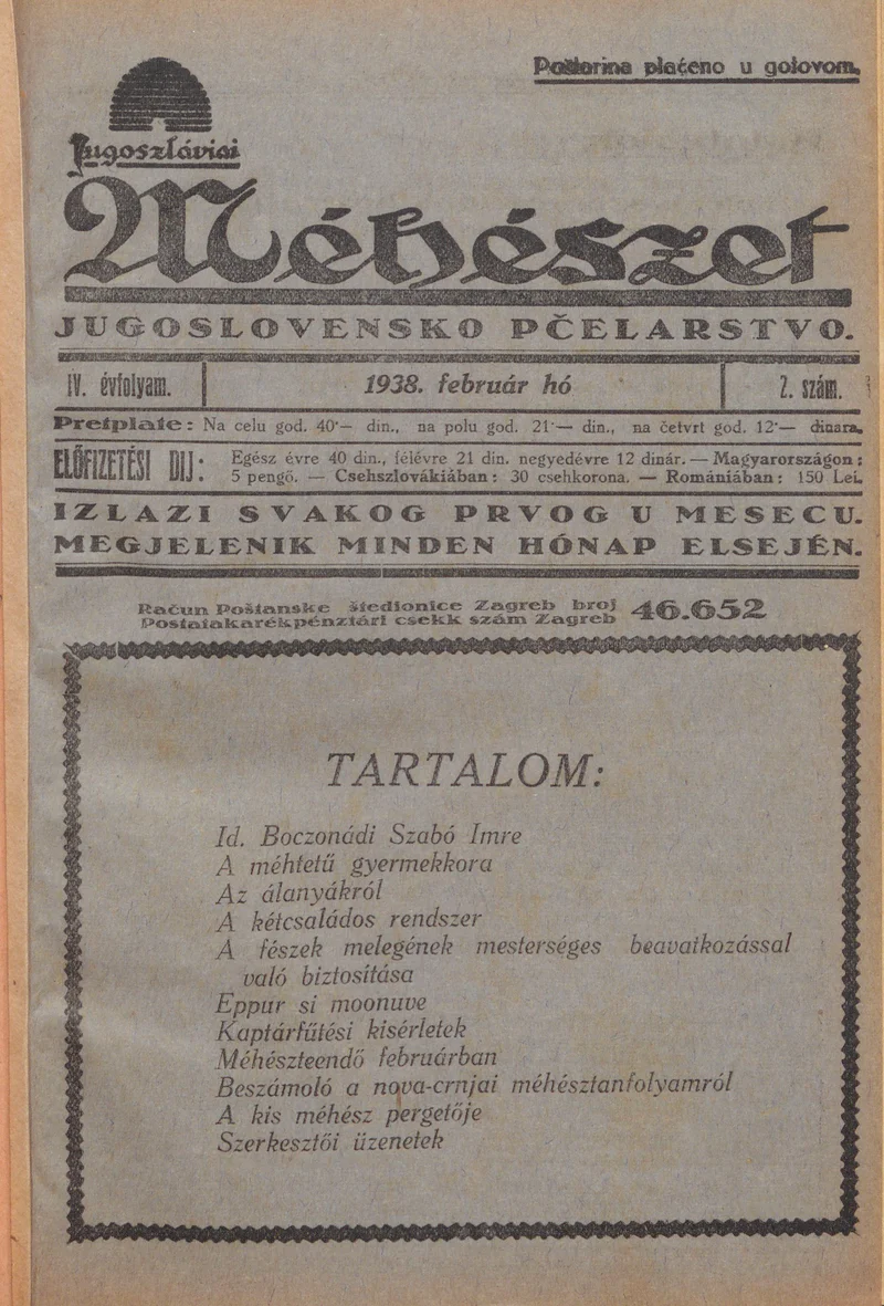 Jugoszláviai méhészet, 4. évf. 1938. február 1. 2. sz.
