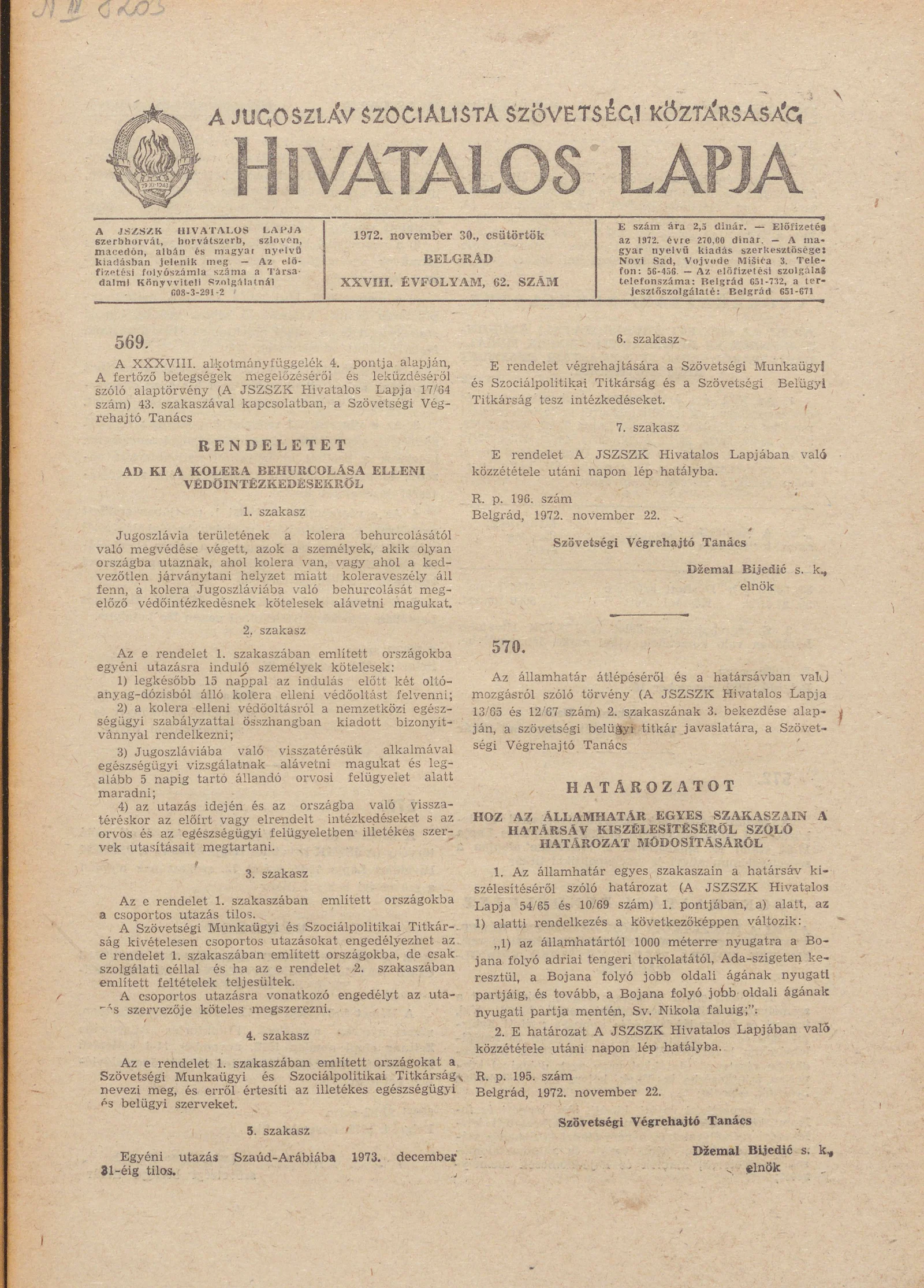 A Jugoszláv Szocialista Szövetségi Köztársaság Hivatalos Lapja, 27. évf. 1972. november 30. 62. sz. 1145–1152. oldal