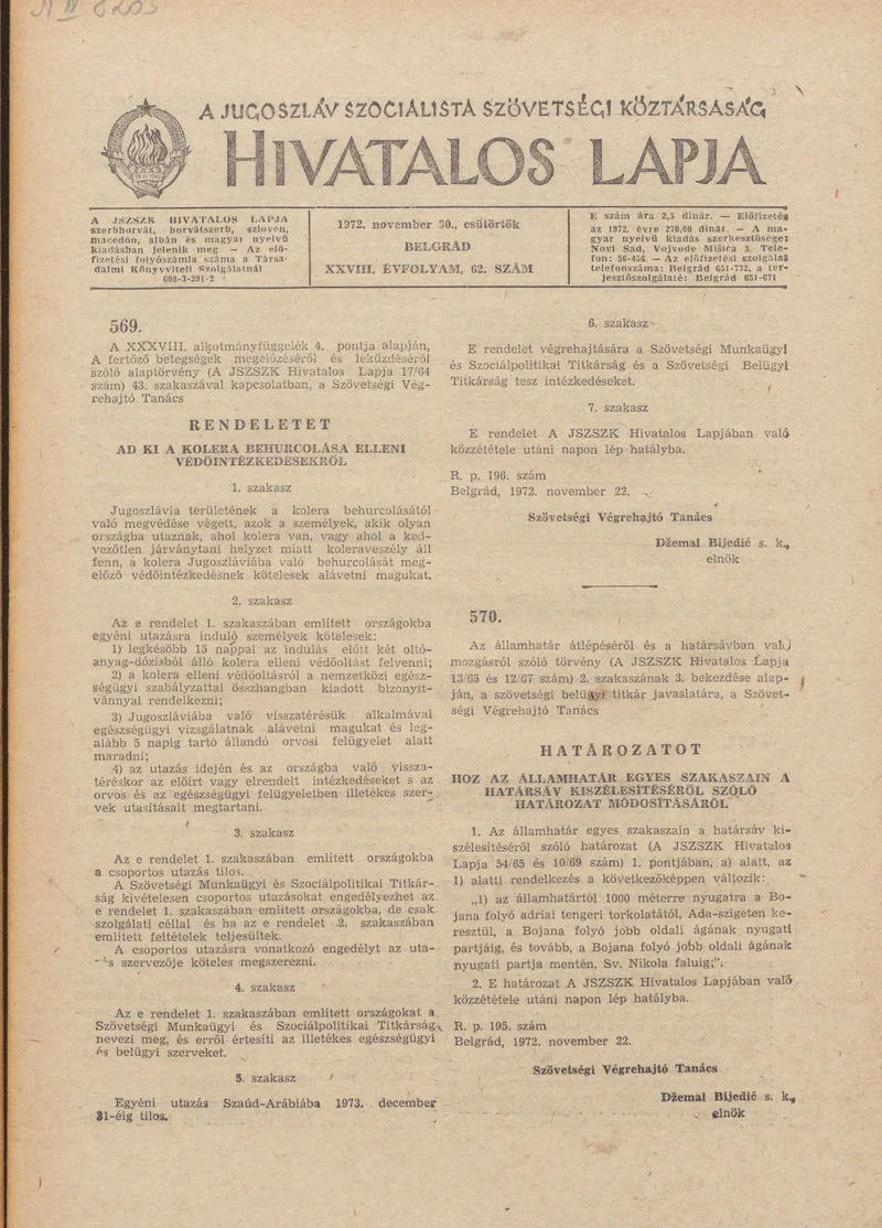 A Jugoszláv Szocialista Szövetségi Köztársaság Hivatalos Lapja, 27. évf. 1972. november 30. 62. sz. 1145–1152. oldal