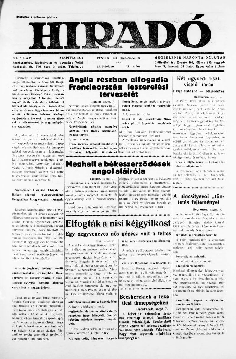 Híradó, 62. évf. 1933. szeptember 8. 211. sz.