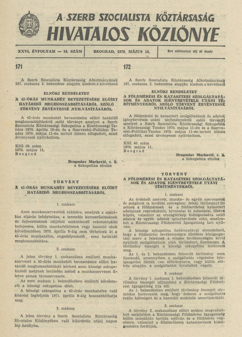 A Szerb Szocialista Köztársaság Hivatalos Közlönye, 26. évf. 1970. május 16. 18. sz. 497–504. oldal