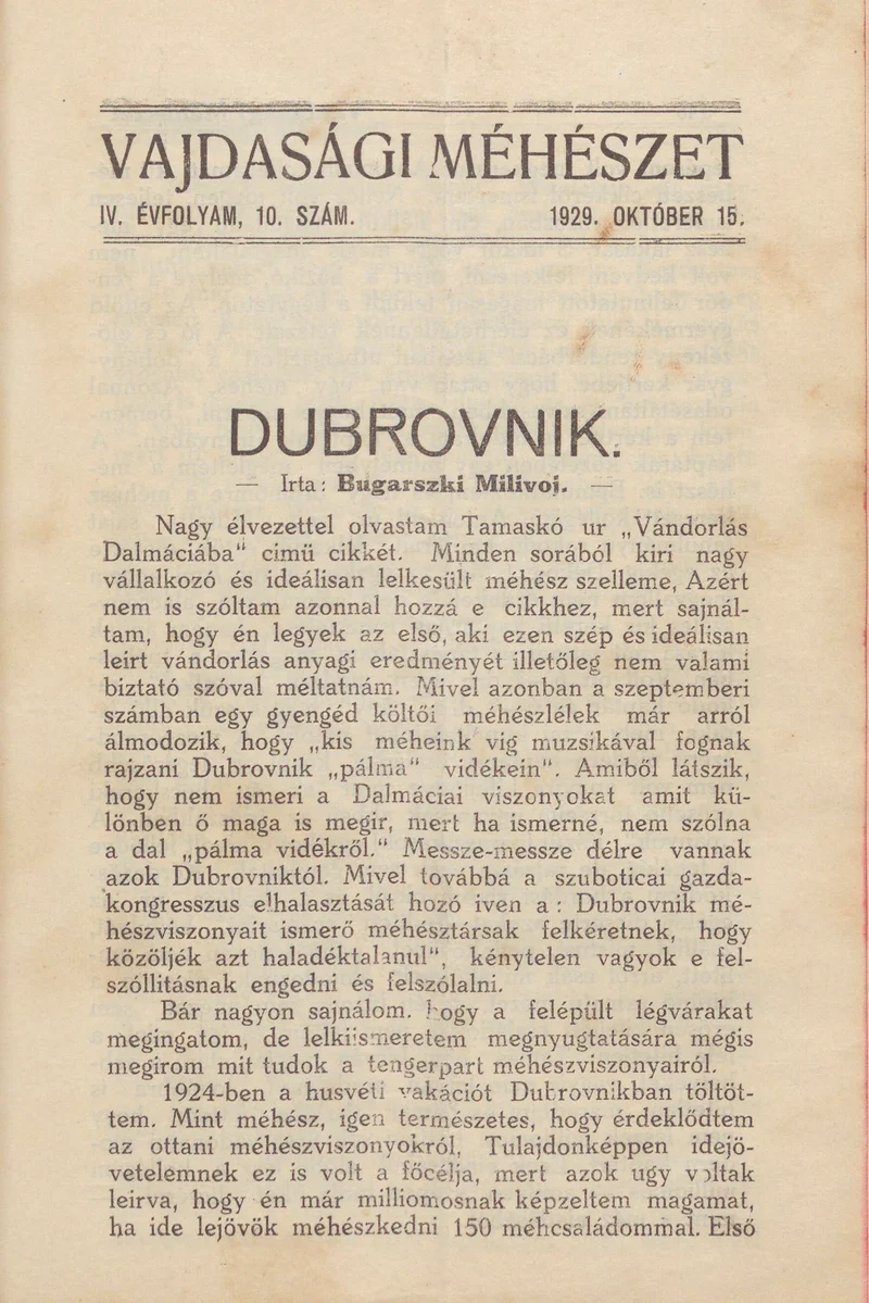 Vajdasági méhészet, 4. évf. 1929. október 15. 10. sz.