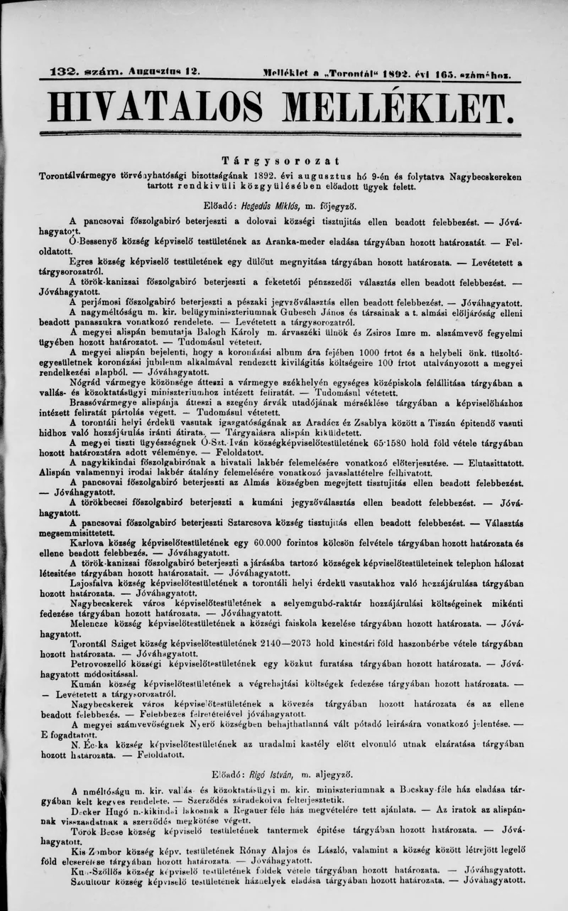 A Totontál  hivatalos melléklete, 5. évf. 1892. augusztus 12. 132. sz.