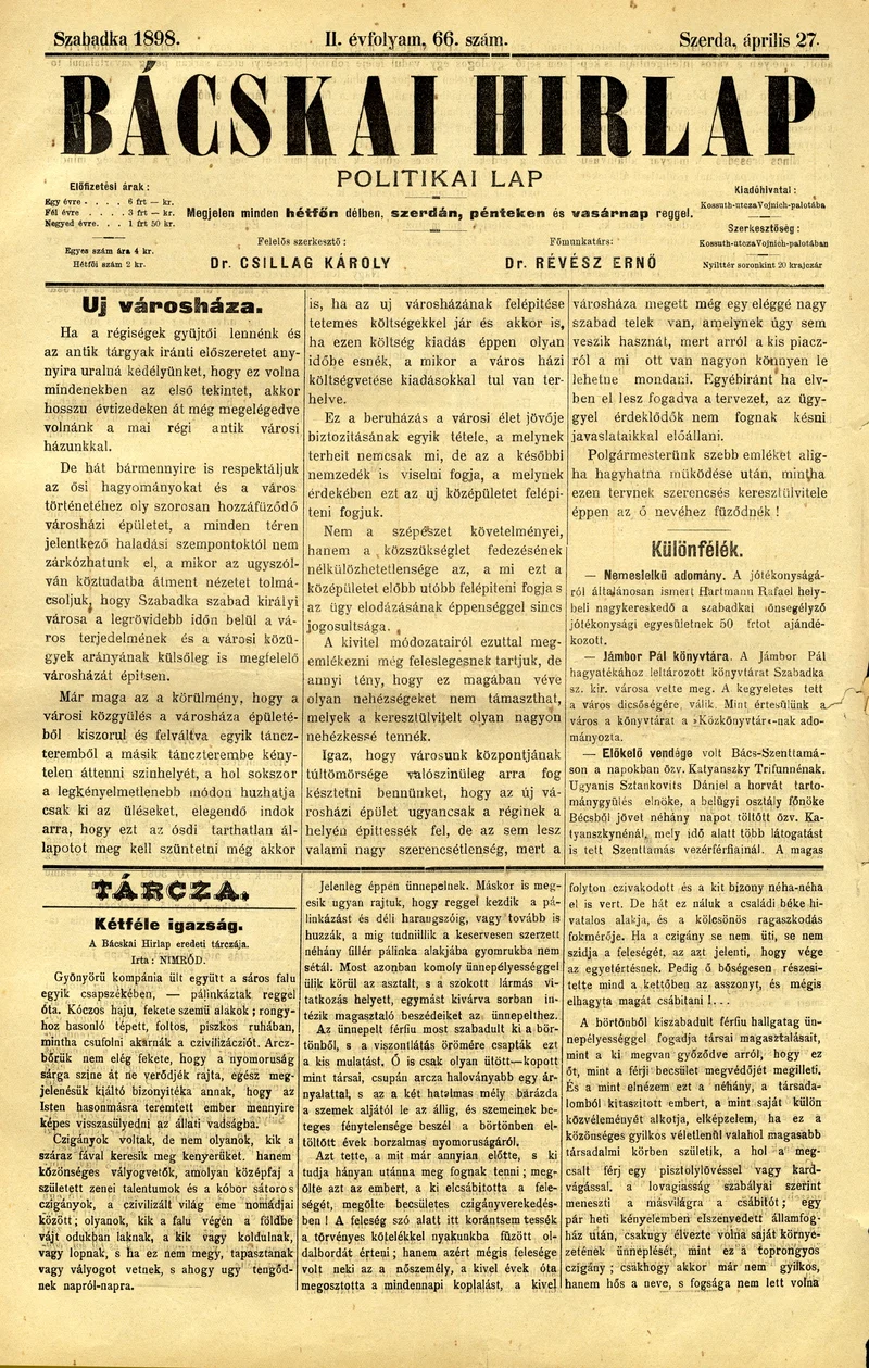 Bácskai Hirlap, 2. évf. 1898. április 27. 66. sz. 1–4. oldal