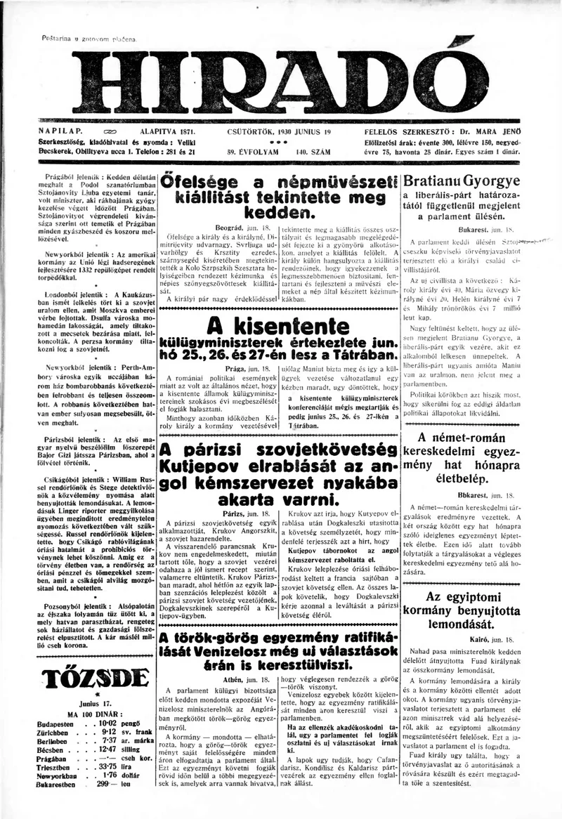 Híradó, 59. évf. 1930. június 19. 140. sz.