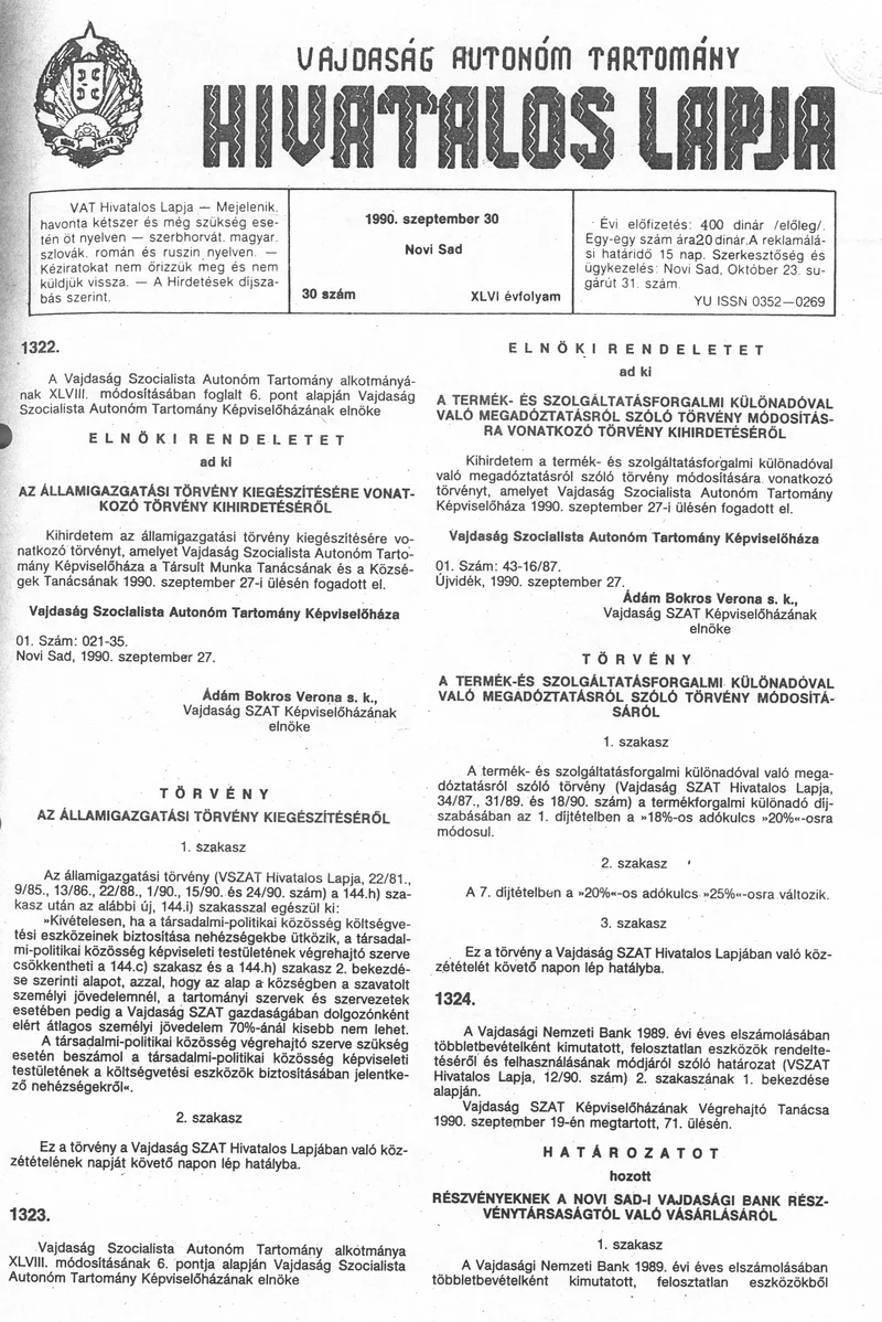 Vajdaság Szocialista Autonóm Tartomány Hivatalos Lapja, 46. évf. 1990. szeptember 30. 30. sz.