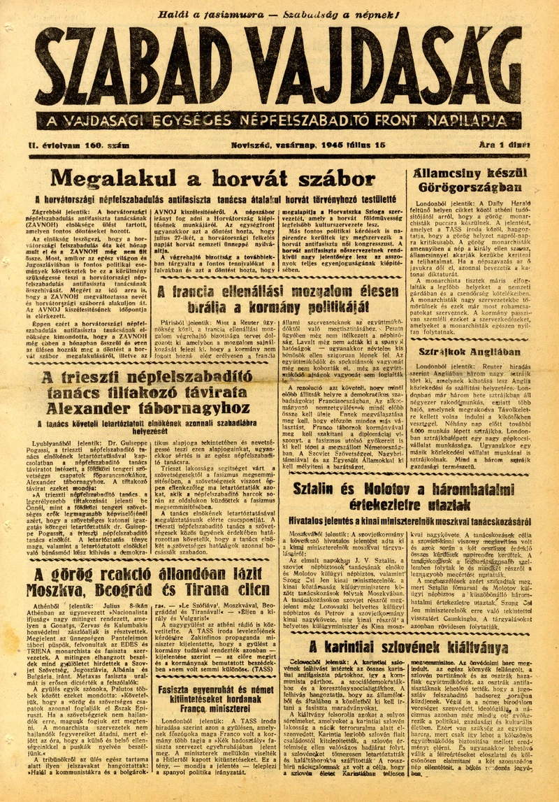 Szabad Vajdaság, 2. évf. 1945. július 15. 160. sz.