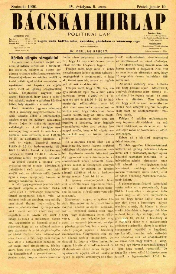 Bácskai Hirlap, 4. évf. 1900. január 19. 9. sz.