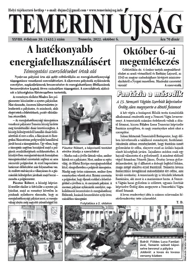 Temerini Újság, 28. évf. 2022. október 6. 39. sz.