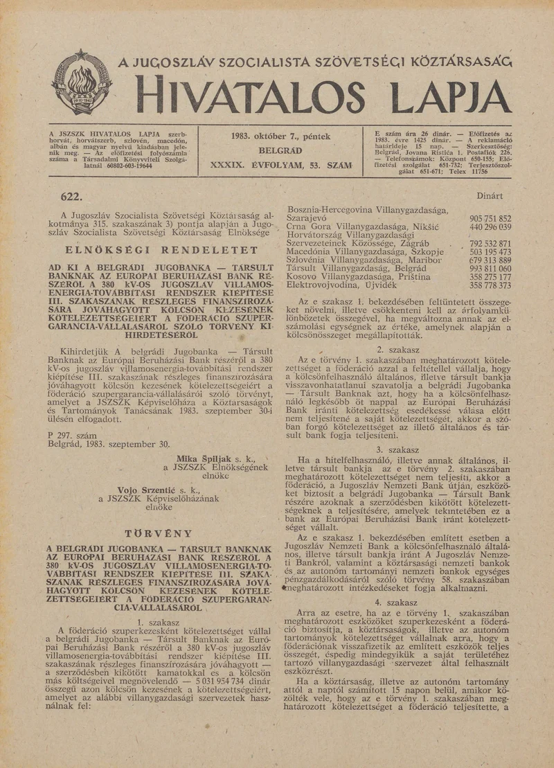 A Jugoszláv Szocialista Szövetségi Köztársaság Hivatalos Lapja, 39. évf. 1983. október 7. 53. sz. 1477–1508. oldal