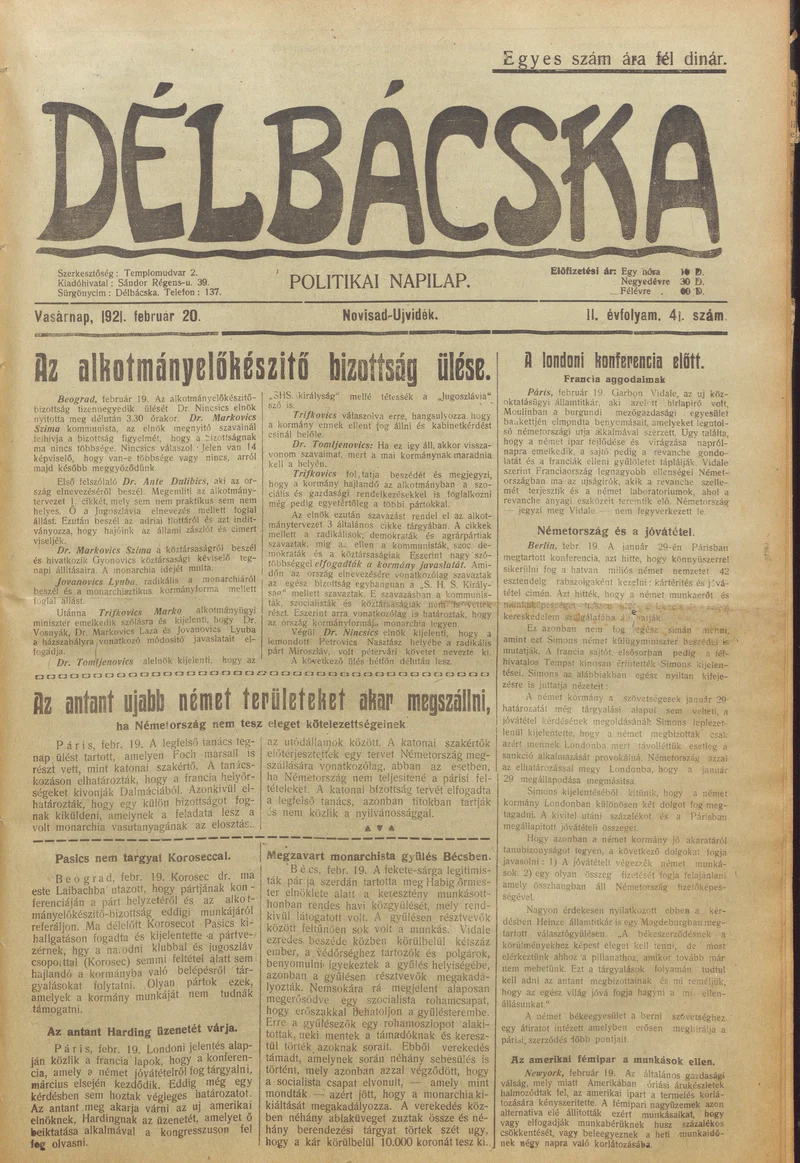 Délbácska, 2. évf. 1921. február 20. 41. sz.