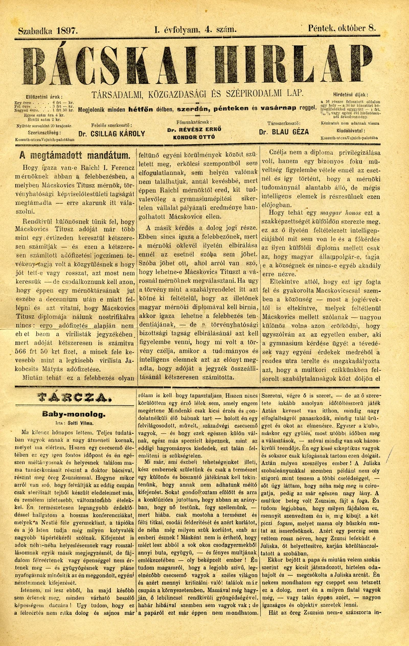 Bácskai Hirlap, 1. évf. 1897. október 8. 4. sz. 1–4. oldal