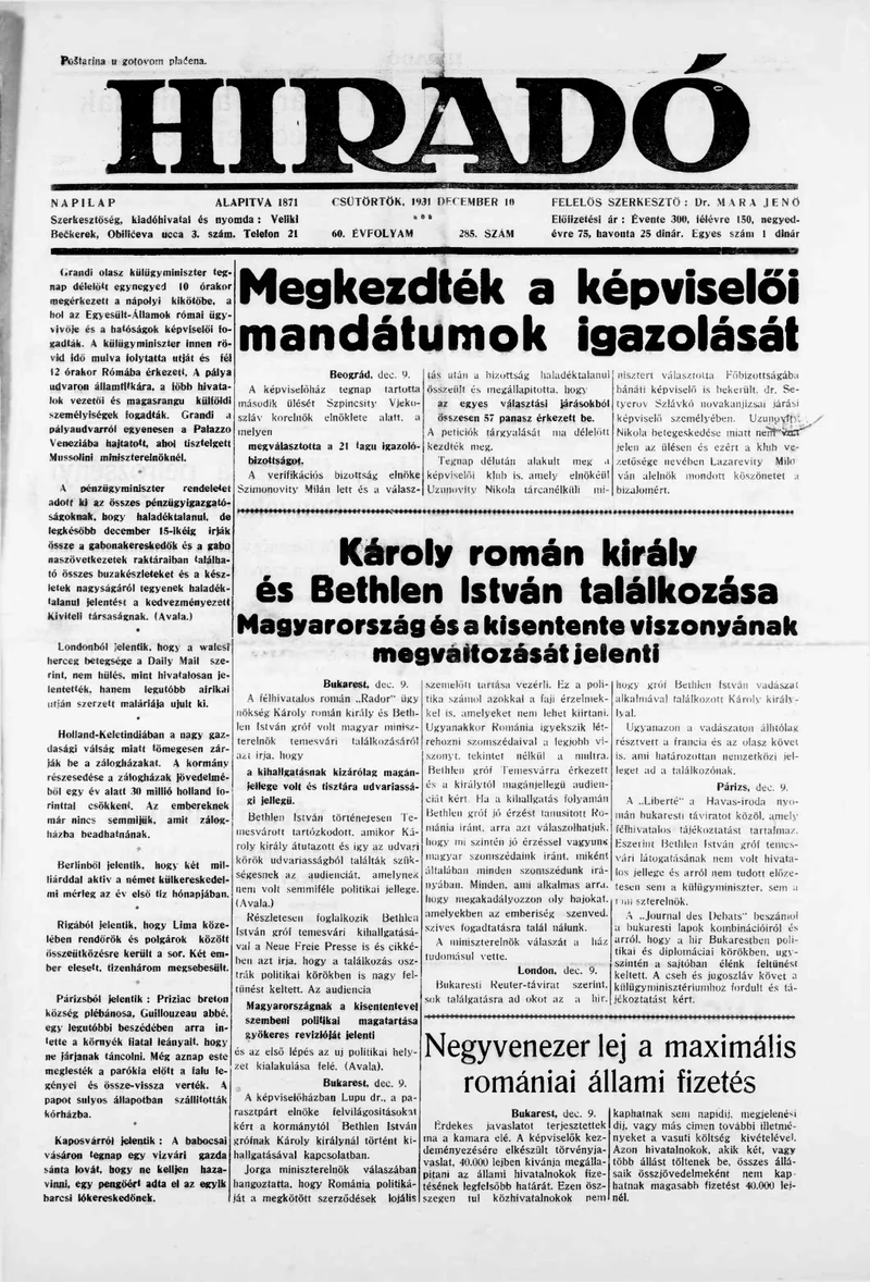 Híradó, 60. évf. 1931. december 10. 285. sz.